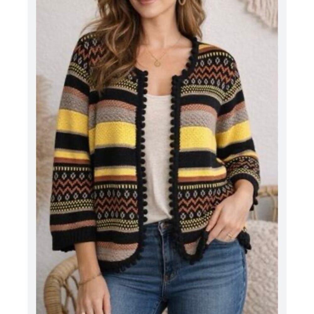 VTG Together Knit Cardigan Sweater 14 Open Front Striped Pom Pom Detail Boho NWT
